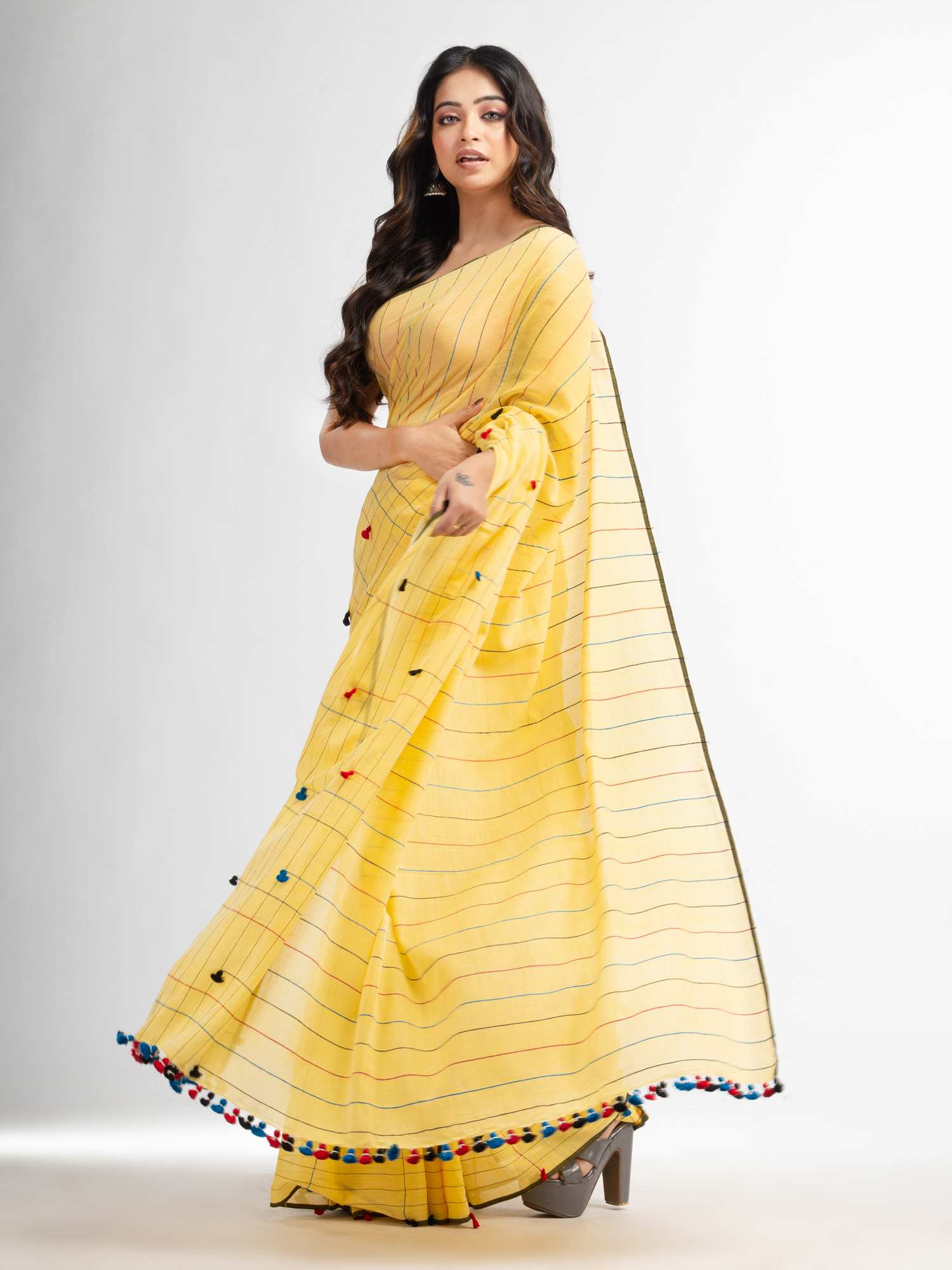Women's Yellow cotton saree with multi colour thread weave and tassels - Angoshobha