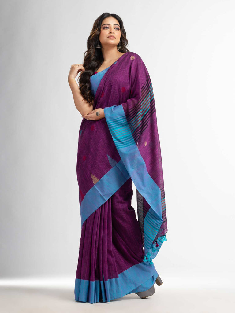 Women's Magenta all over ball Buti with Pallu in temple border handwoven saree