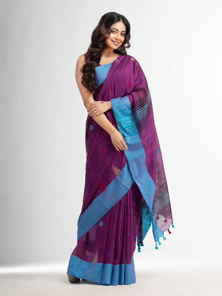 Women's Magenta all over ball Buti with Pallu in temple border handwoven saree