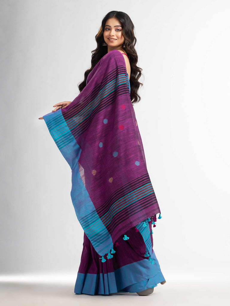 Women's Magenta all over ball Buti with Pallu in temple border handwoven saree