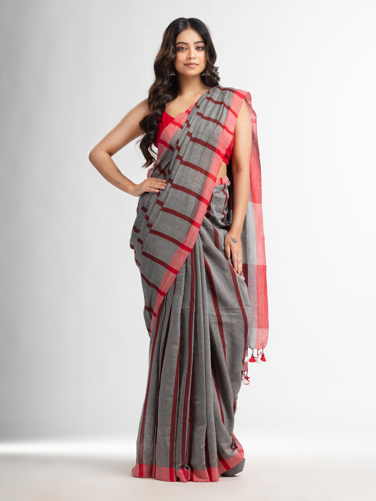 Women's silver all body red strip moklin red border handwoven maslight saree - Angoshobha