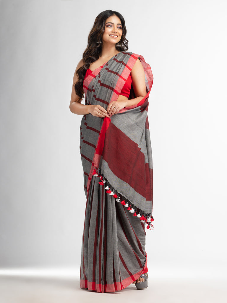 Women's silver all body red strip moklin red border handwoven maslight saree