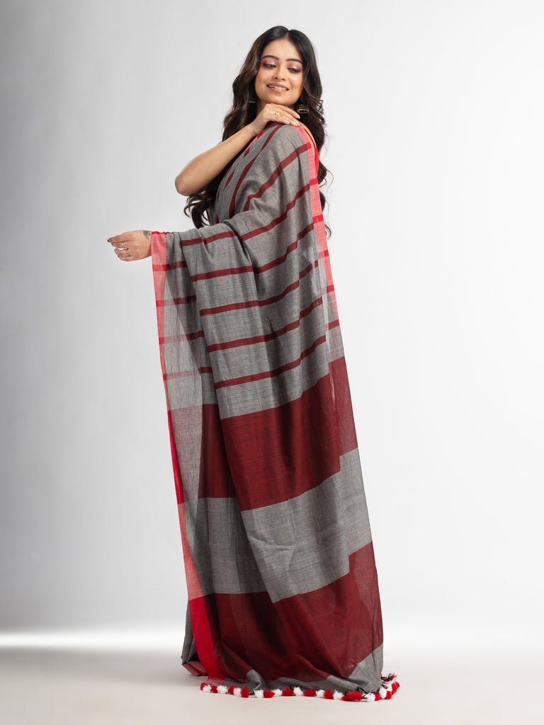 Women's silver all body red strip moklin red border handwoven maslight saree
