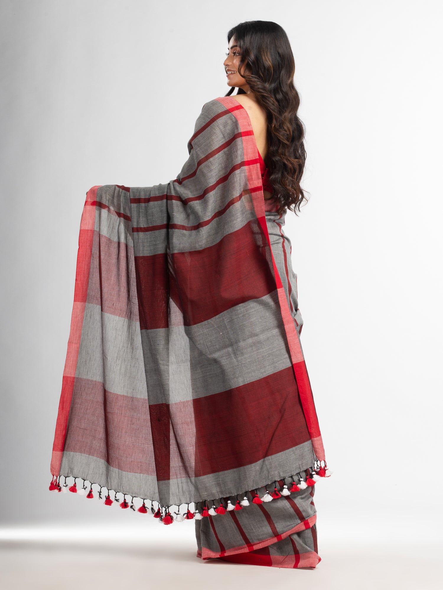 Women's silver all body red strip moklin red border handwoven maslight saree - Angoshobha