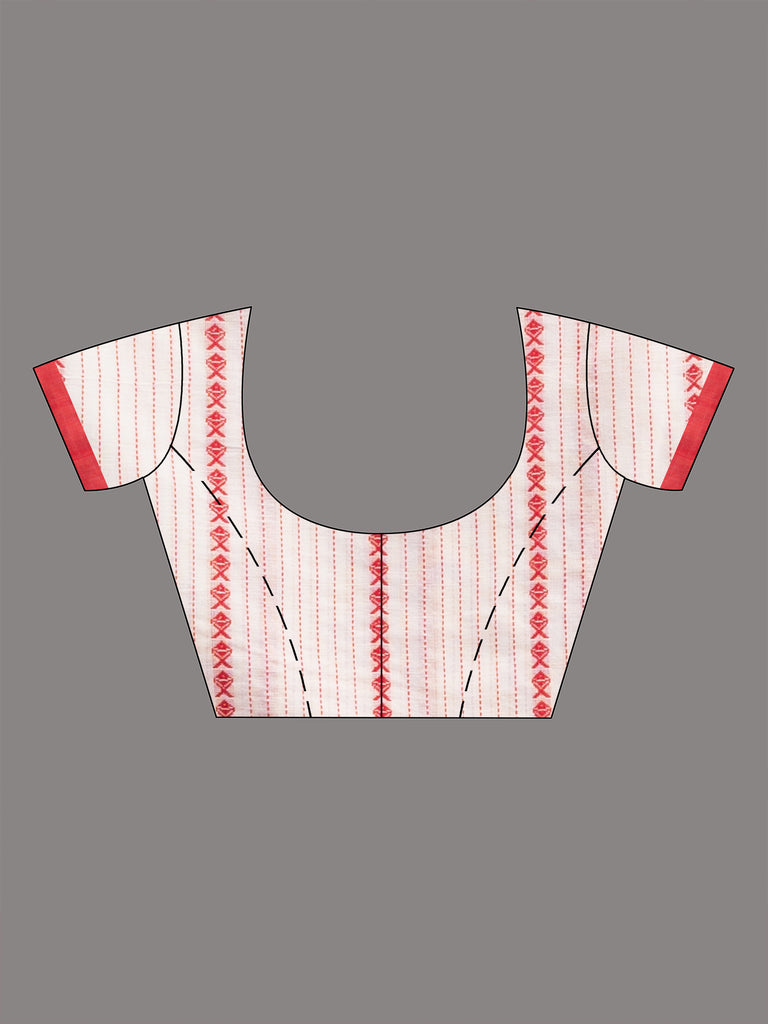 Women's white all body small fish design with fish design pallu in solid border handwoven cotton saree