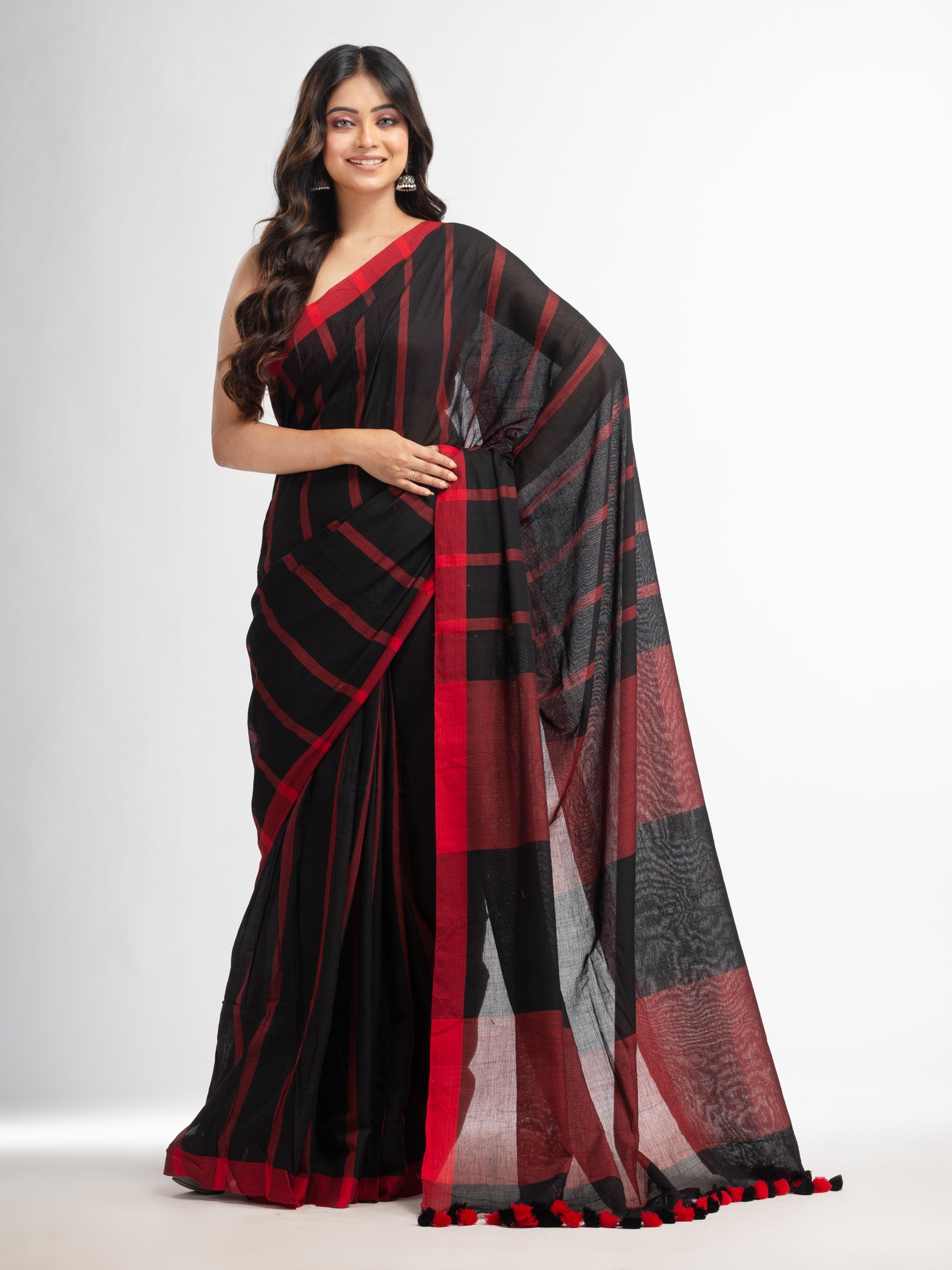 Women's Black all body red strip moklin red border handwoven maslight saree - Angoshobha