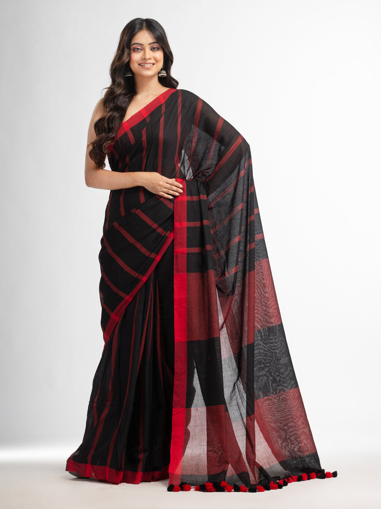 Women's Black all body red strip moklin red border handwoven maslight saree