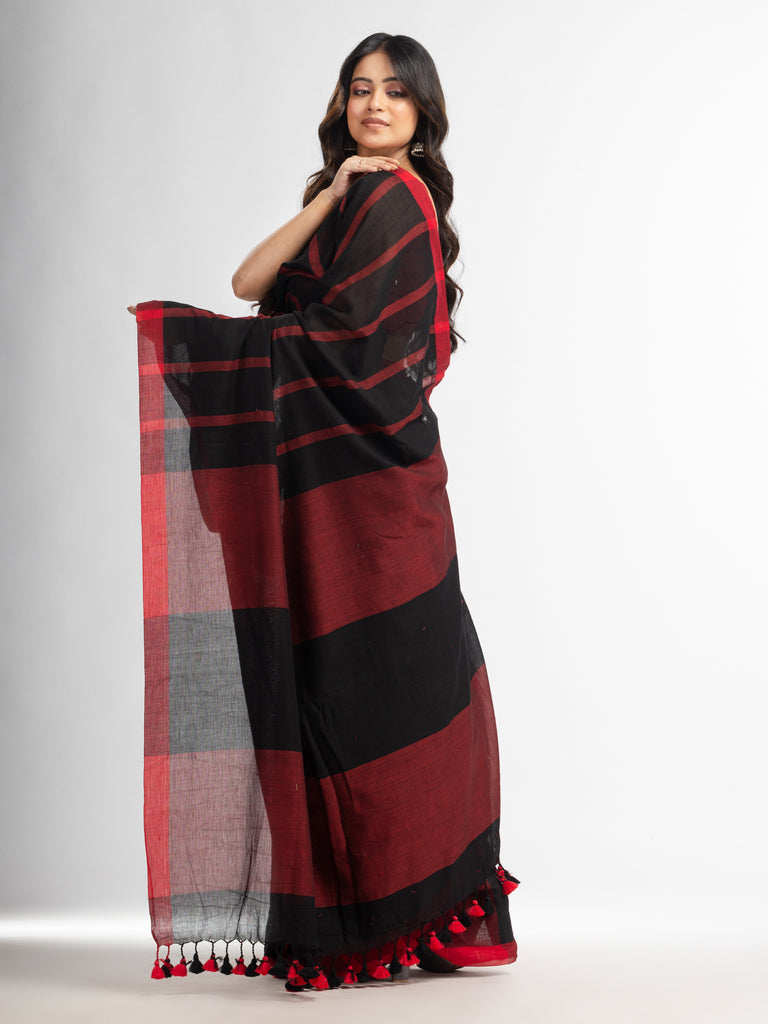 Women's Black all body red strip moklin red border handwoven maslight saree