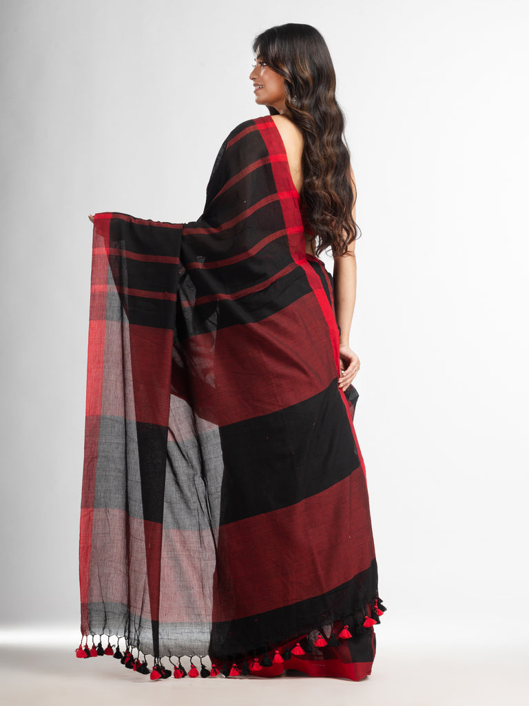 Women's Black all body red strip moklin red border handwoven maslight saree