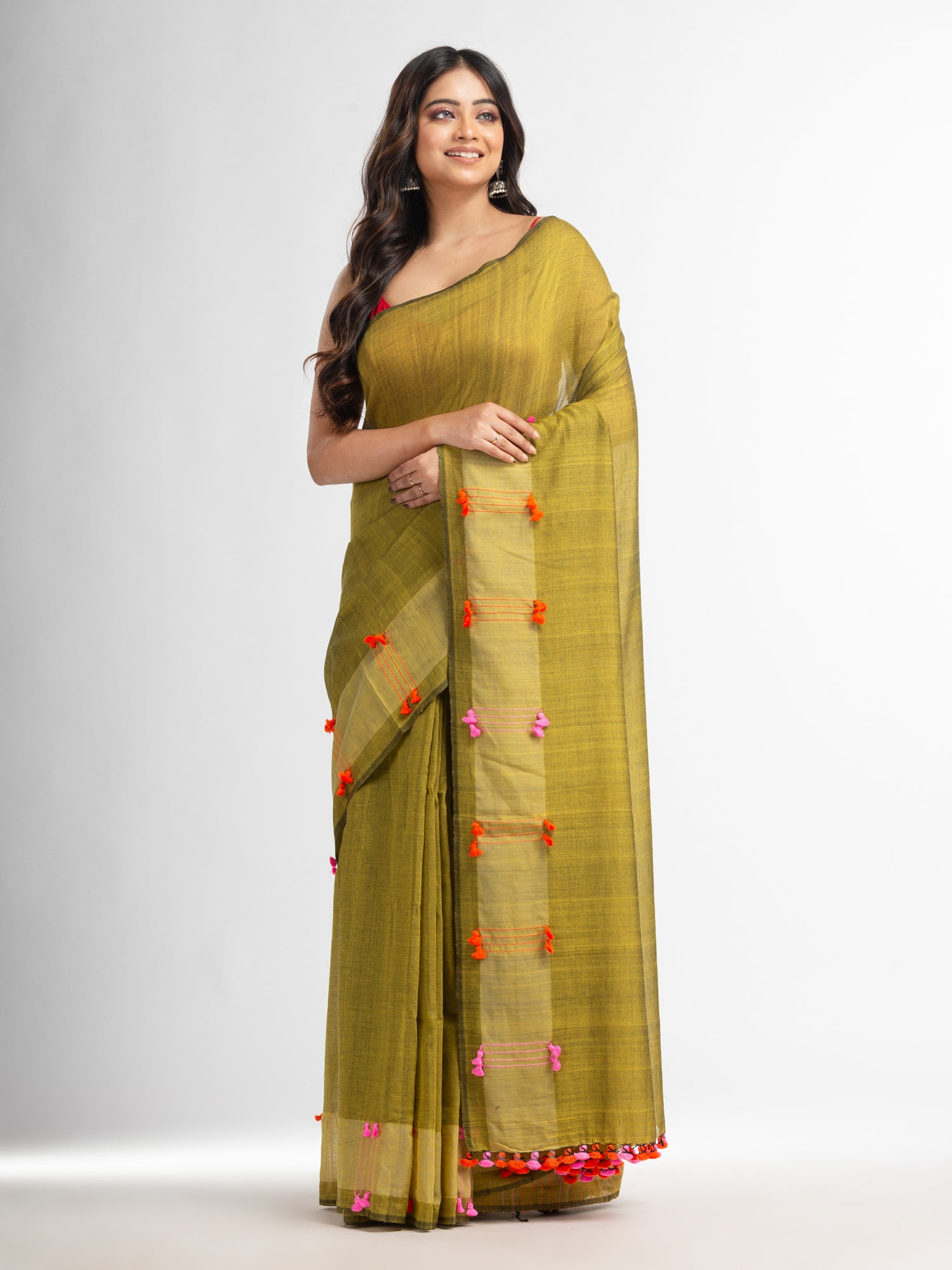 Women's Fern green cotton saree with multi colour thread weave and tassels - Angoshobha