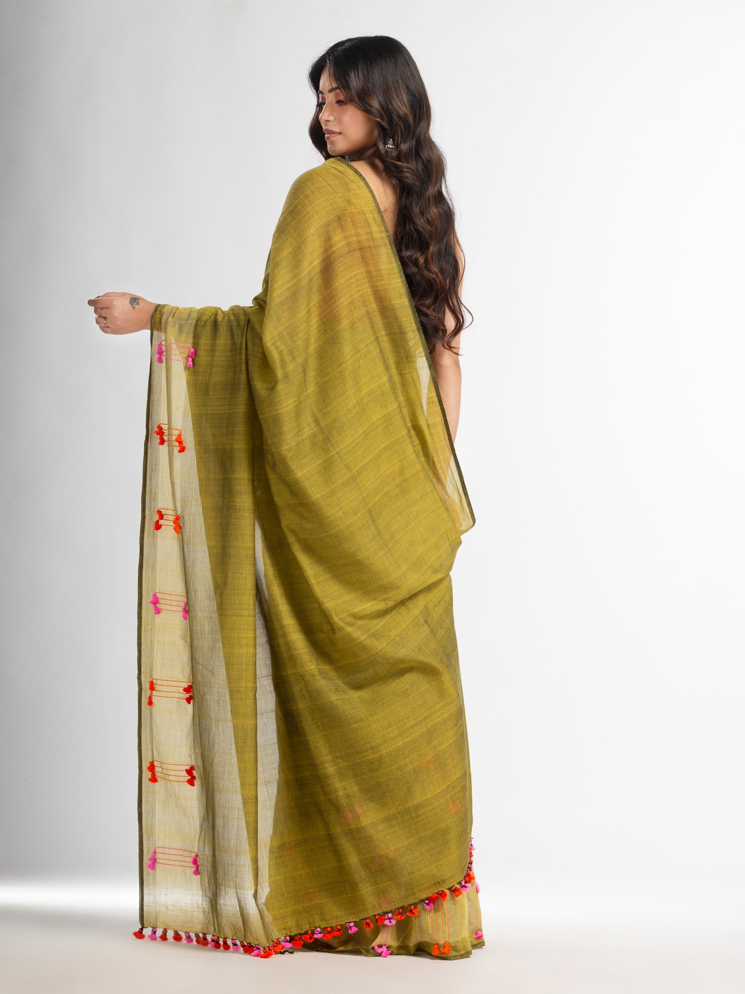 Women's Fern green cotton saree with multi colour thread weave and tassels - Angoshobha