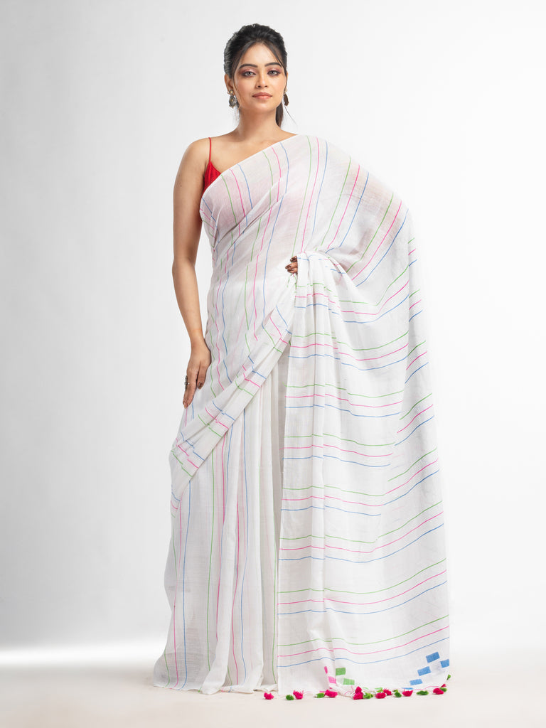 Women's White Handwoven Cotton Jamdani handloom Saree