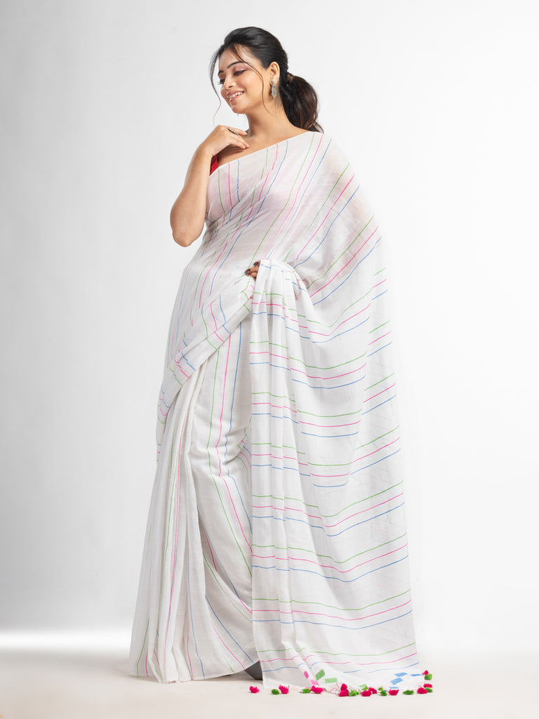 Women's White Handwoven Cotton Jamdani handloom Saree