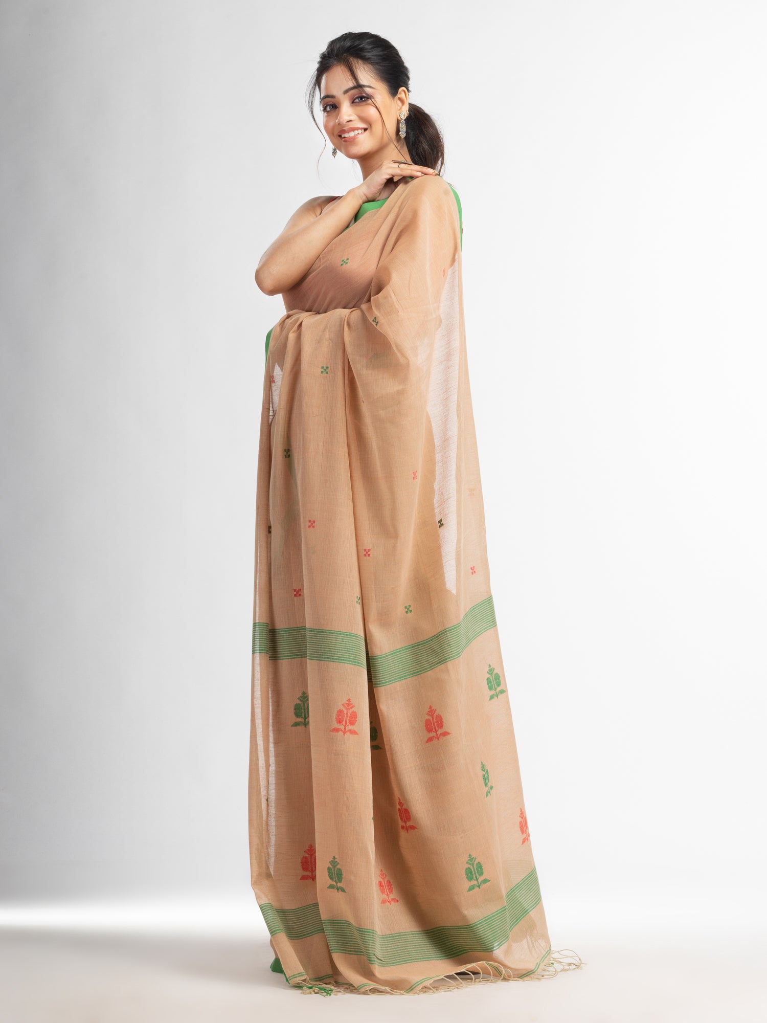 Women's Biscuit all body buti with buti in green border handwoven cotton saree - Angoshobha