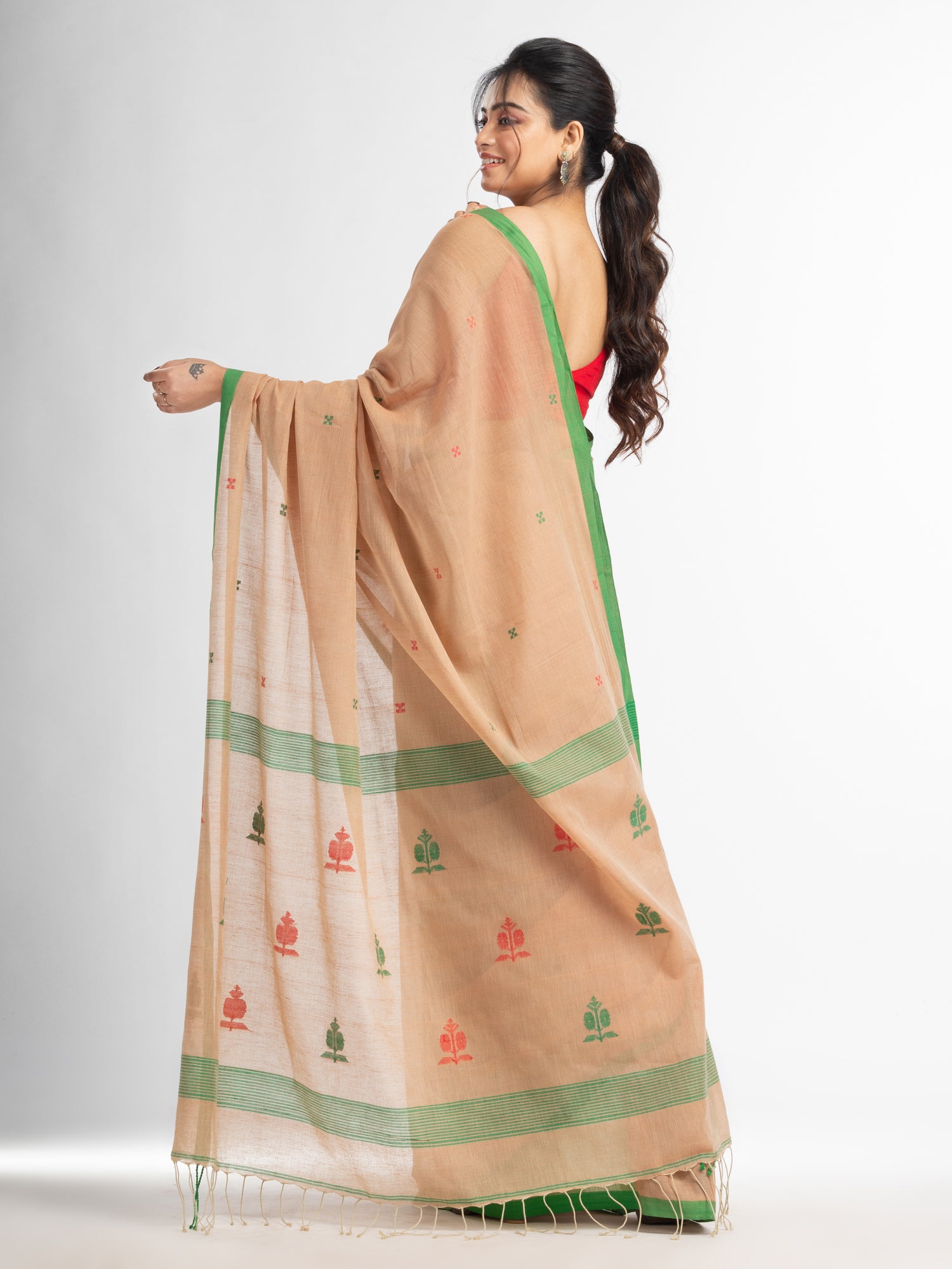 Women's Biscuit all body buti with buti in green border handwoven cotton saree - Angoshobha