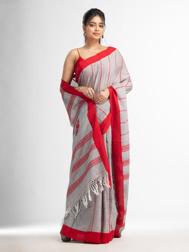 Women's Grey all body small fish design with fish design pallu in solid border handwoven cotton saree