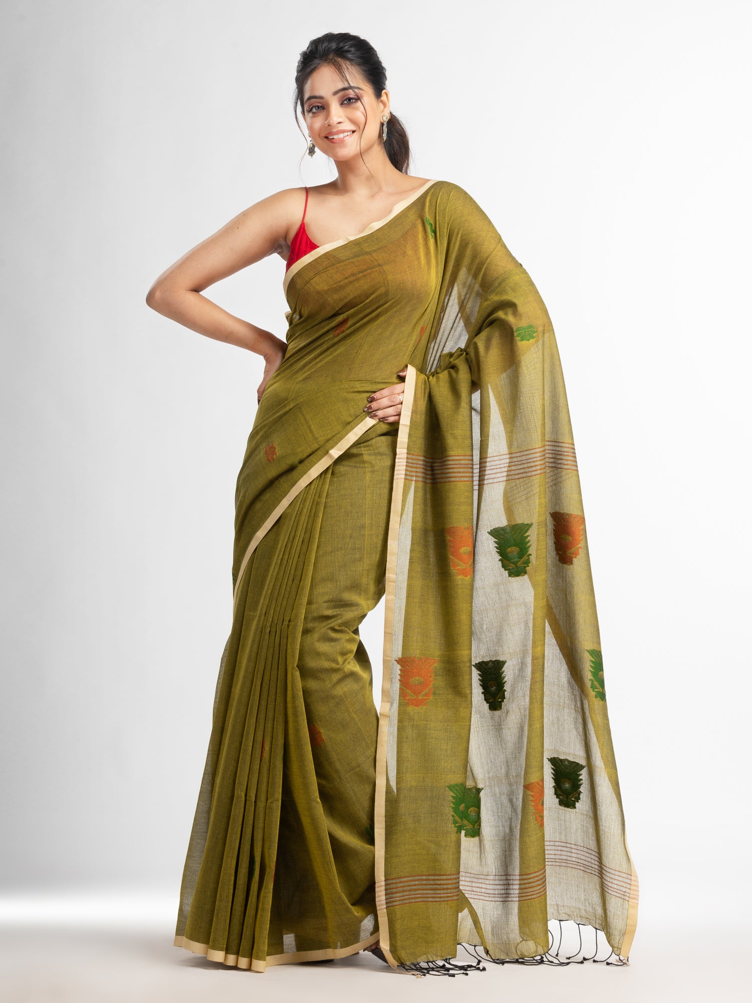 Women's Fern Green all body buti with buti in silver border handwoven cotton saree - Angoshobha