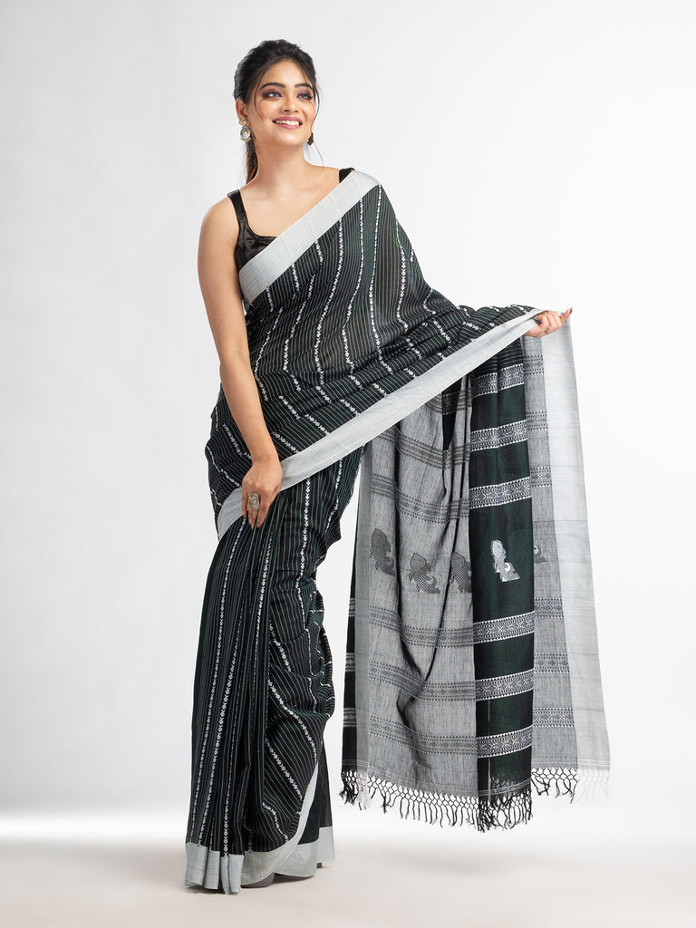 Women's Bottle green all body small fish design with fish design pallu in solid border handwoven cotton saree