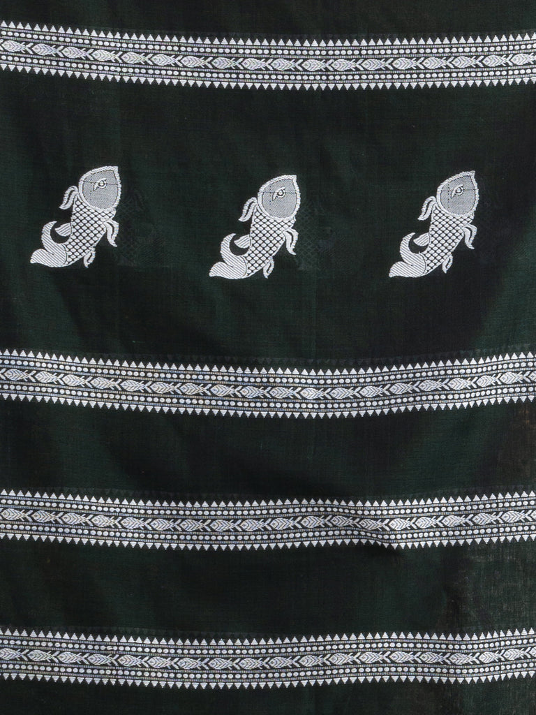 Women's Bottle green all body small fish design with fish design pallu in solid border handwoven cotton saree