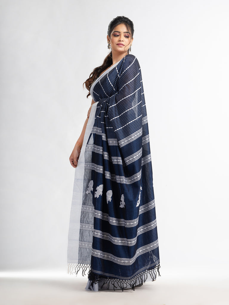 Women's Nevy Blue all body small fish design with fish design pallu in solid border handwoven cotton saree