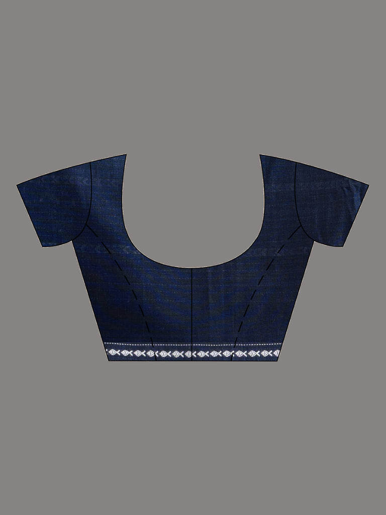 Women's Nevy Blue all body small fish design with fish design pallu in solid border handwoven cotton saree