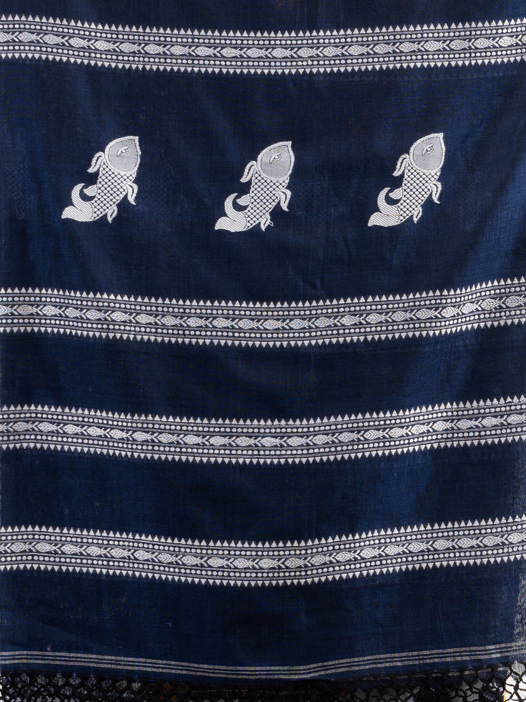 Women's Nevy Blue all body small fish design with fish design pallu in solid border handwoven cotton saree