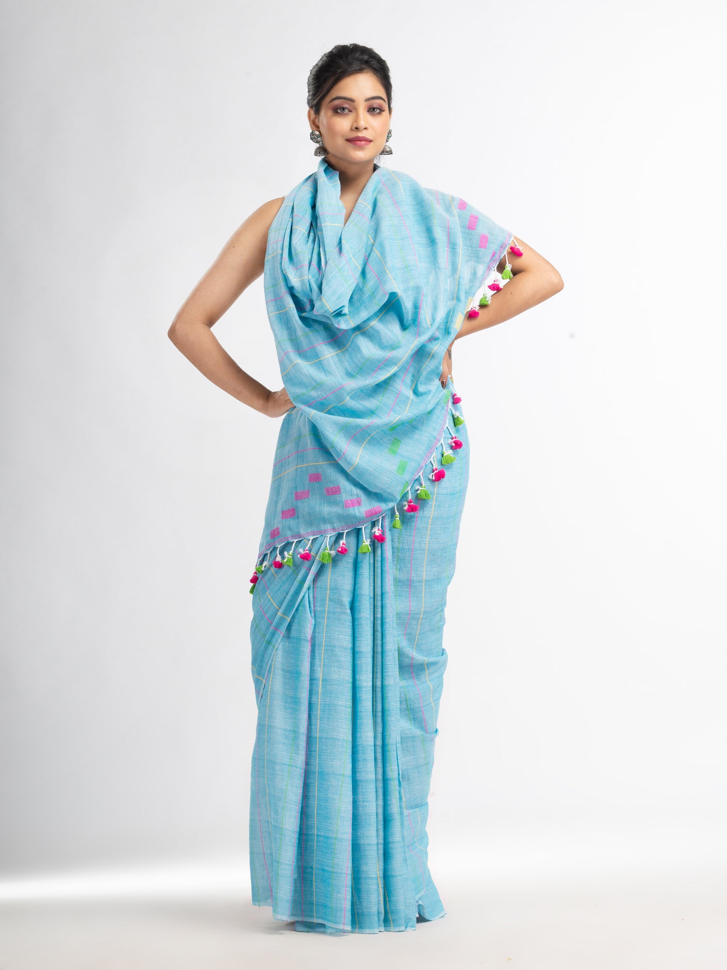 Women's Sky Handwoven Cotton Jamdani handloom Saree - Angoshobha