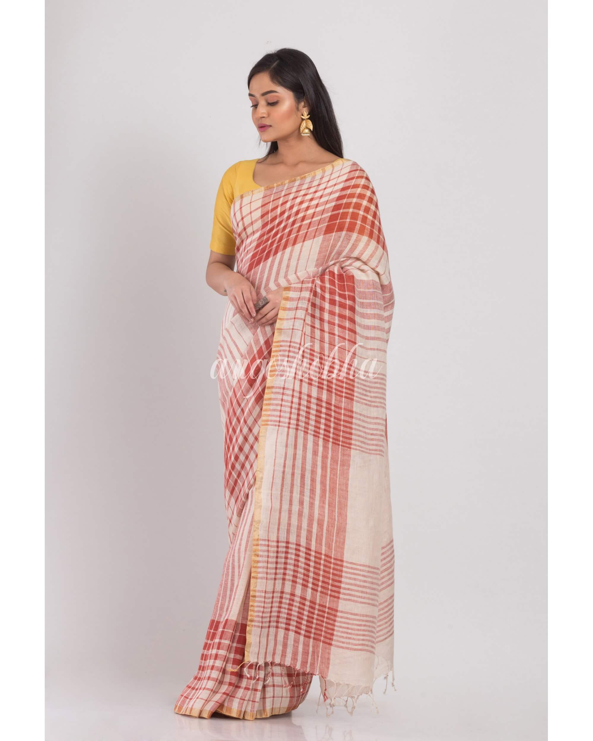Women's Multicolor Handloom Linen Saree - Angoshobha