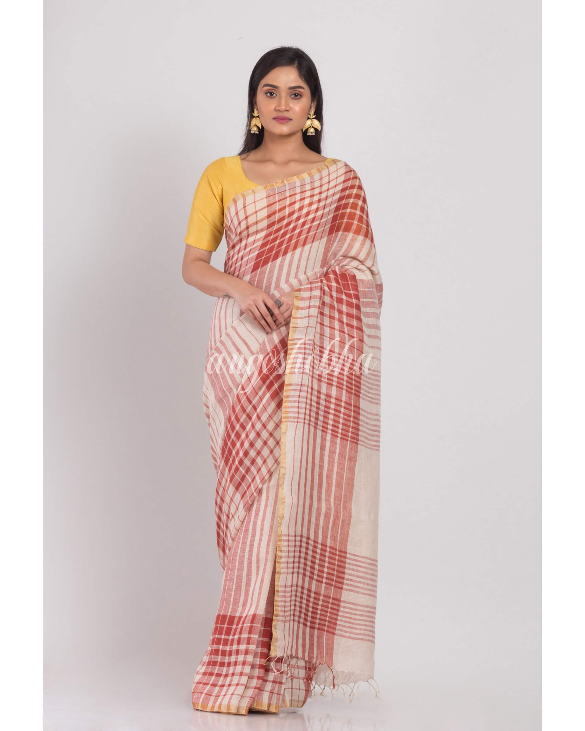 Women's Multicolor Handloom Linen Saree - Angoshobha