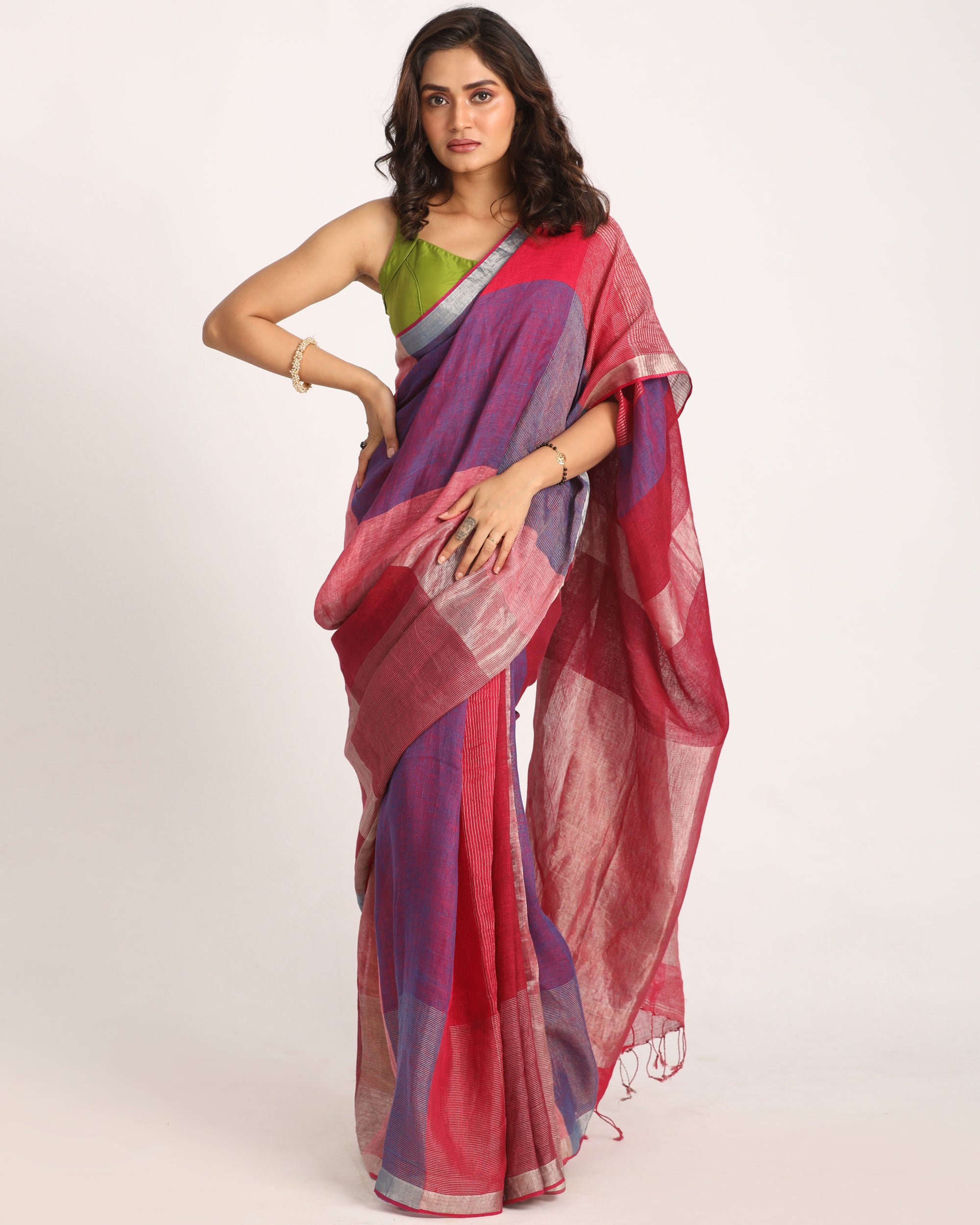 Women's Multicolour Handloom Linen Saree - Angoshobha