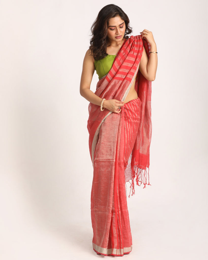 Women's Pastel Red Traditional Handloom Check Linen Saree