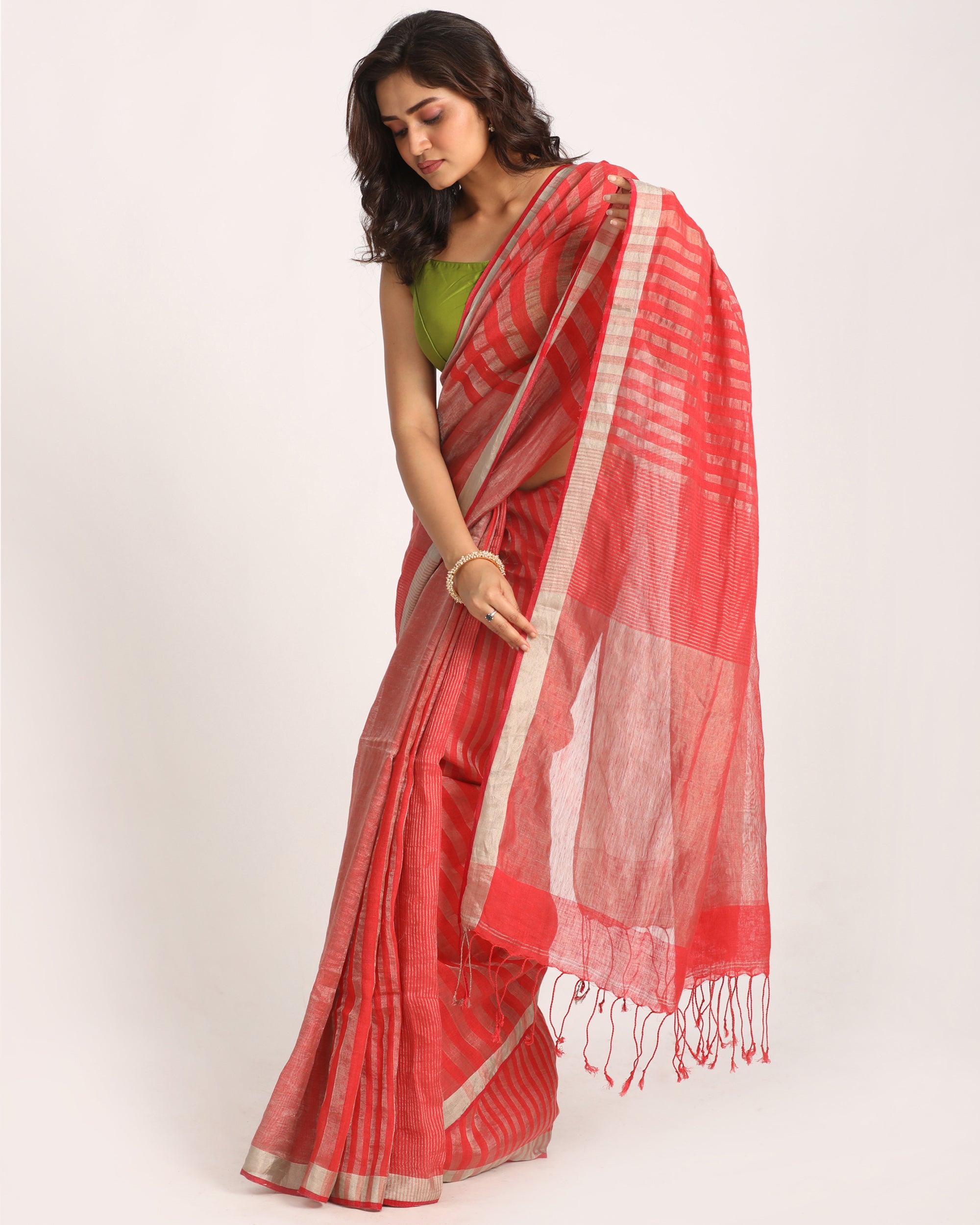 Women's Pastel Red Traditional Handloom Check Linen Saree - Angoshobha