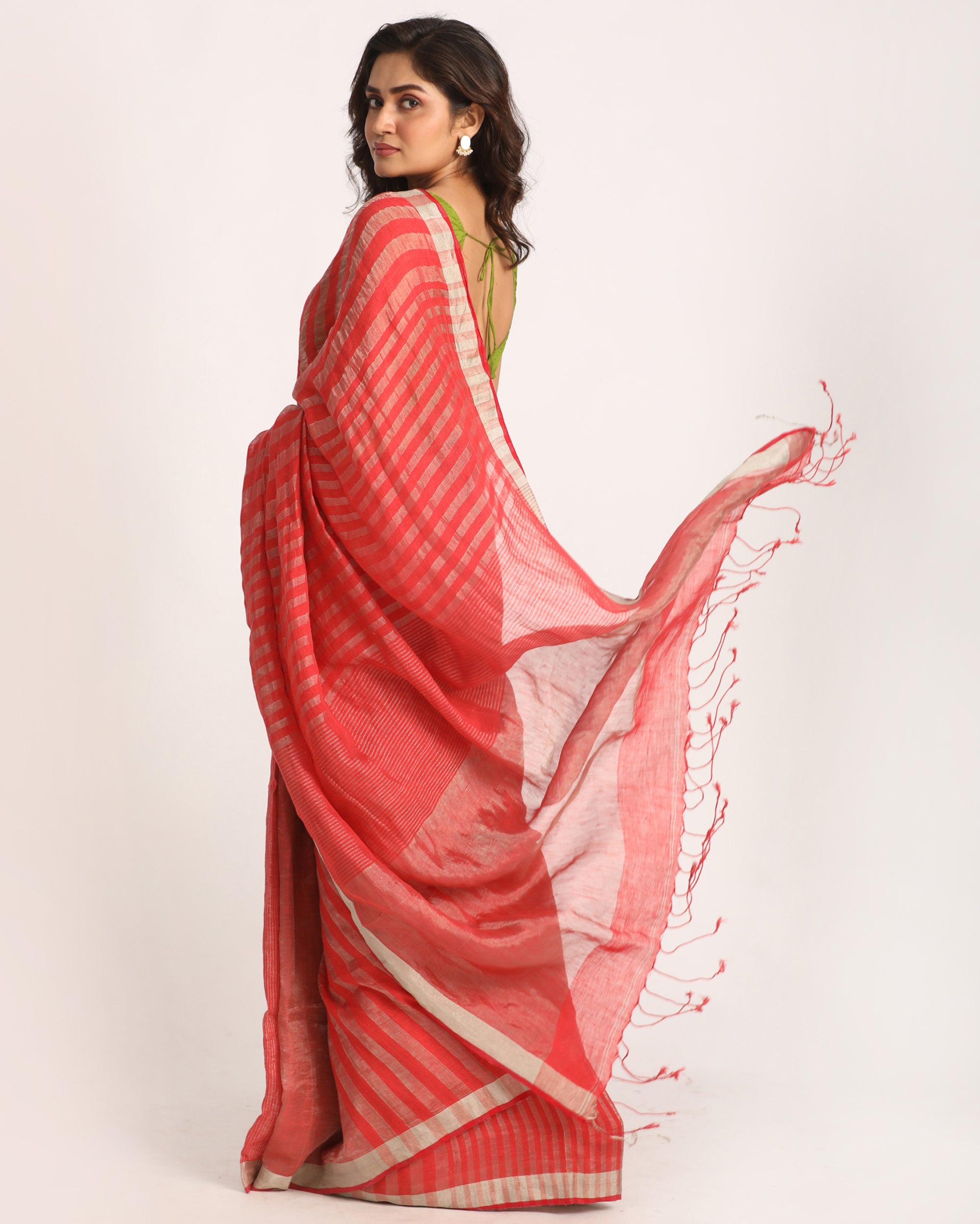 Women's Pastel Red Traditional Handloom Check Linen Saree - Angoshobha
