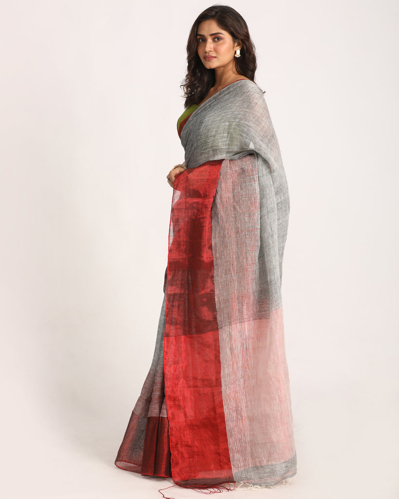 Women's Design Zari Border Grey Handloom Traditional Linen Saree
