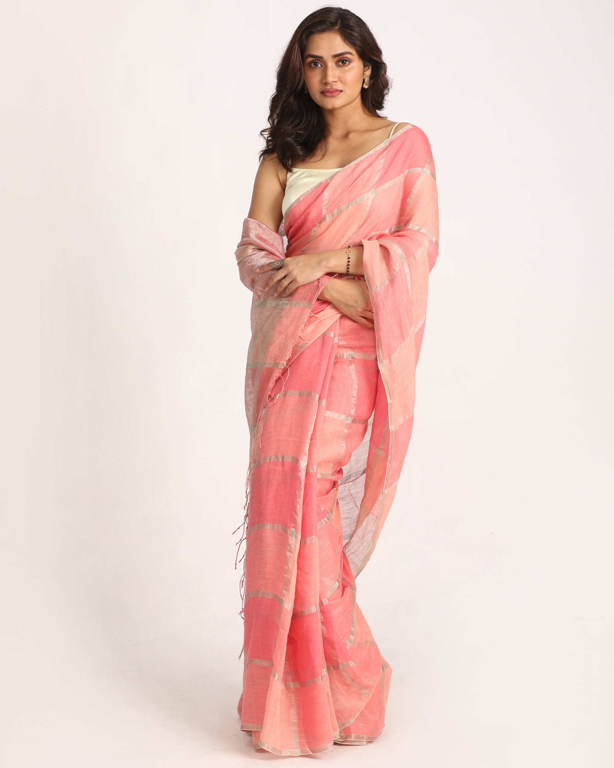 Women's Pastel Pink Traditional Handloom Check Linen Saree - Angoshobha