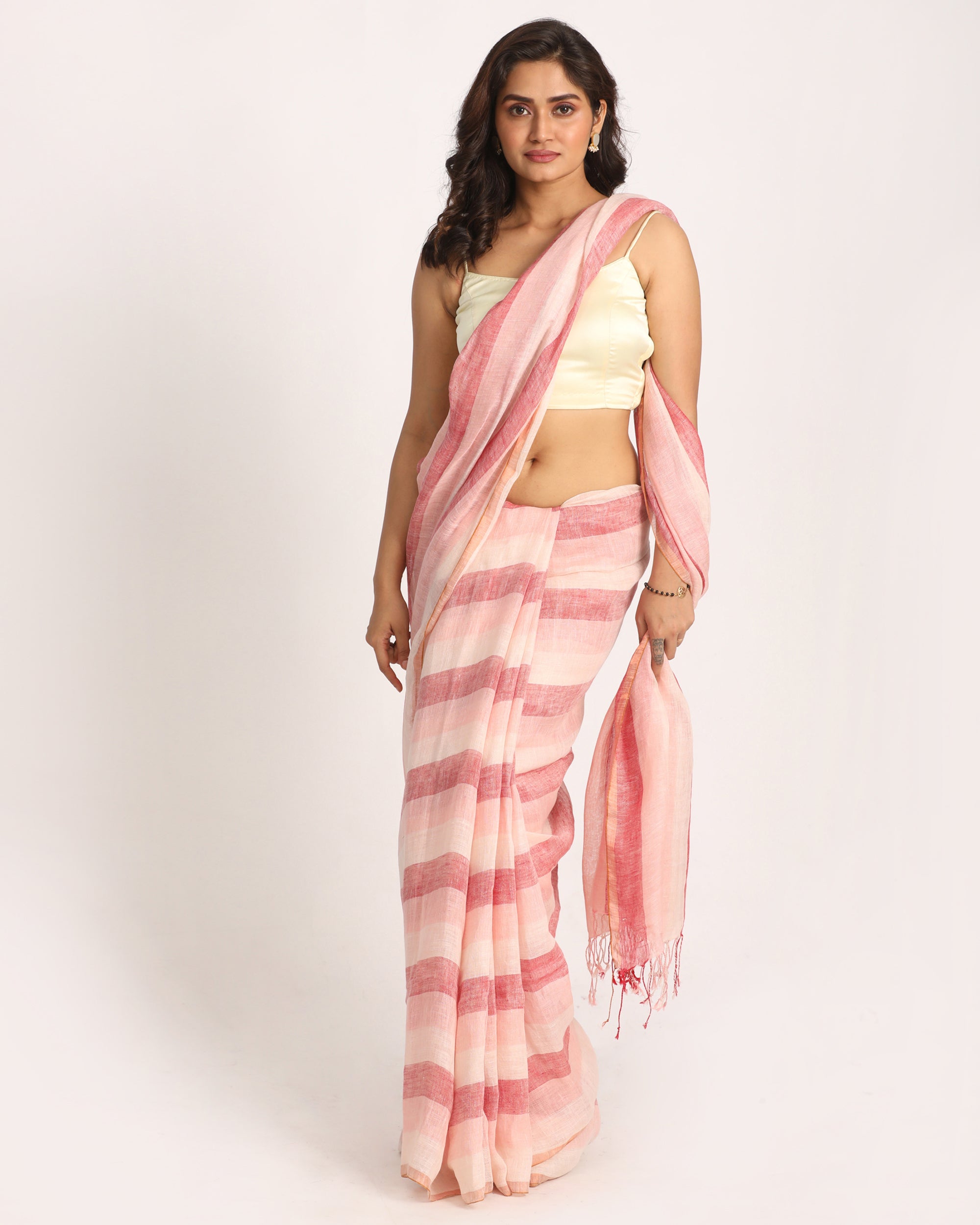 Women's Multicolour Check Traditional Handloom Linen Saree - Angoshobha