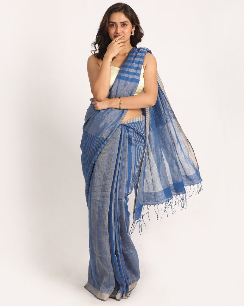 Women's Royel Blue Check Traditional Handloom Linen Saree
