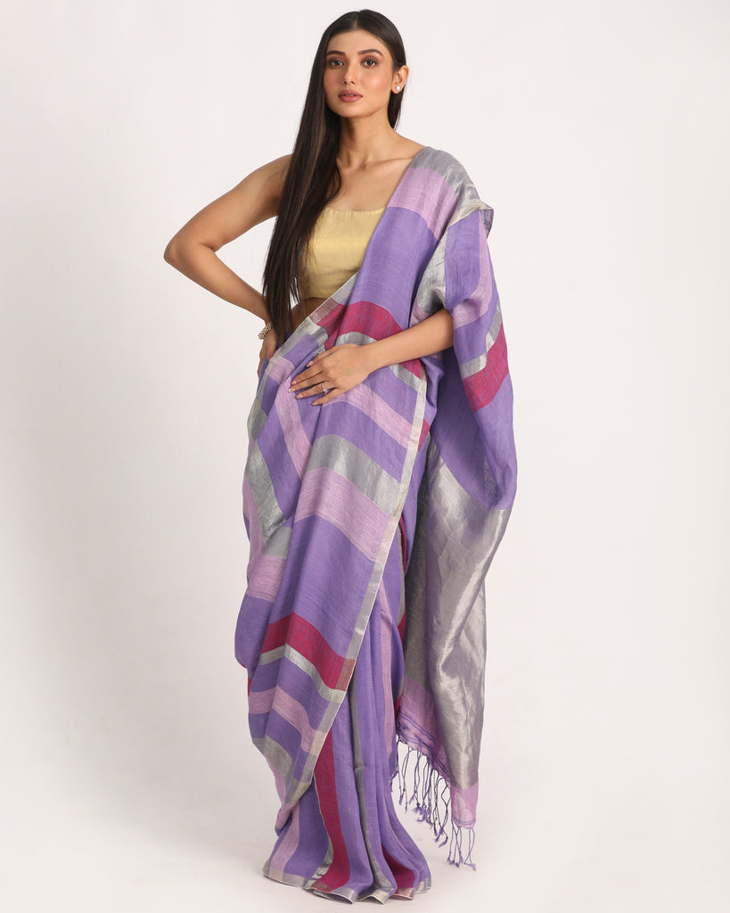 Women's Lavender Traditional Handloom Check Linen Saree