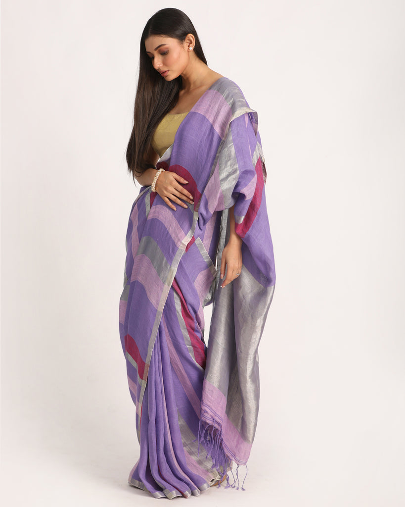 Women's Lavender Traditional Handloom Check Linen Saree