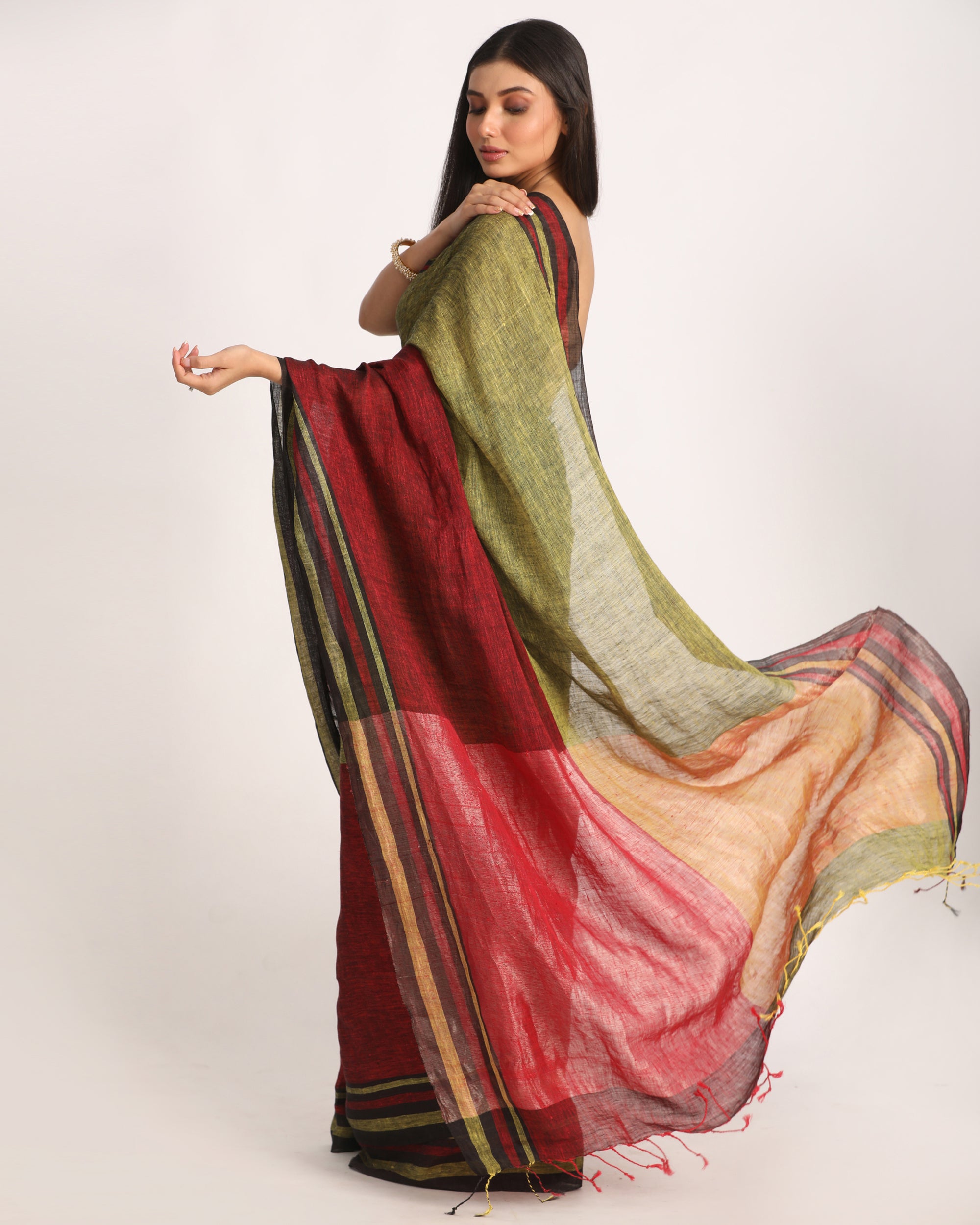 Women's Maroon Lime Traditional Handloom Linen Saree - Angoshobha