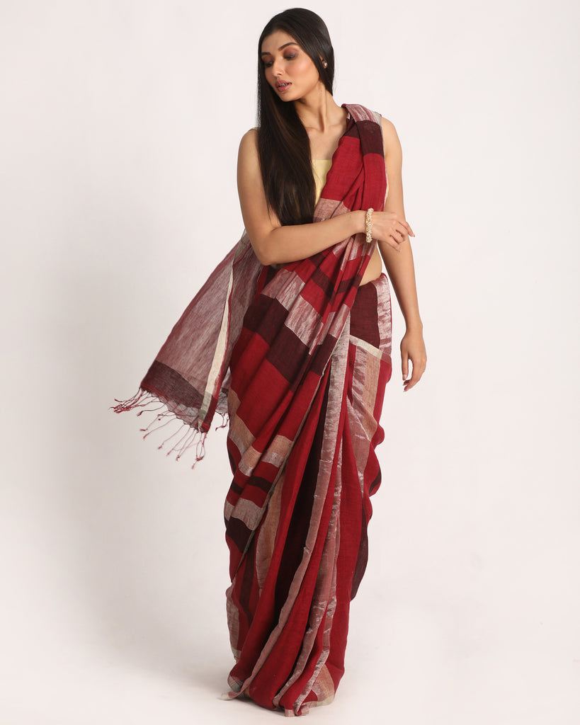 Women's Maroon Black Silver Traditional Handloom Check Linen Saree