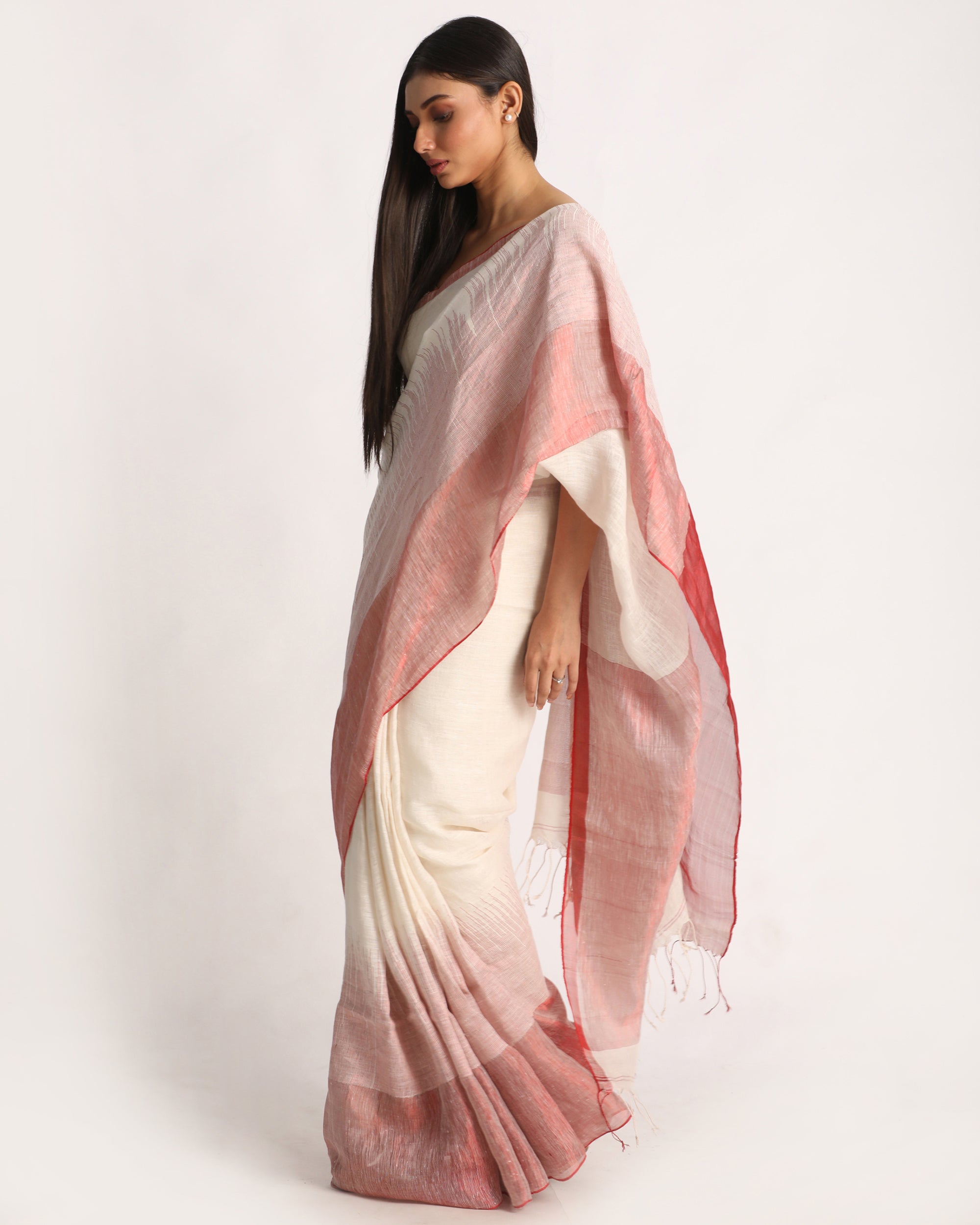 Women's Design Zari Border Off White Handloom Traditional Linen Saree - Angoshobha