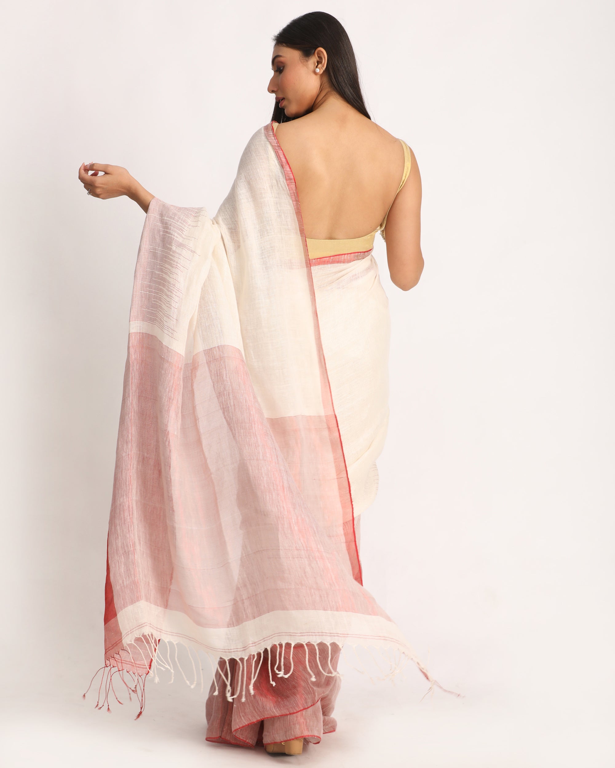 Women's Design Zari Border Off White Handloom Traditional Linen Saree - Angoshobha