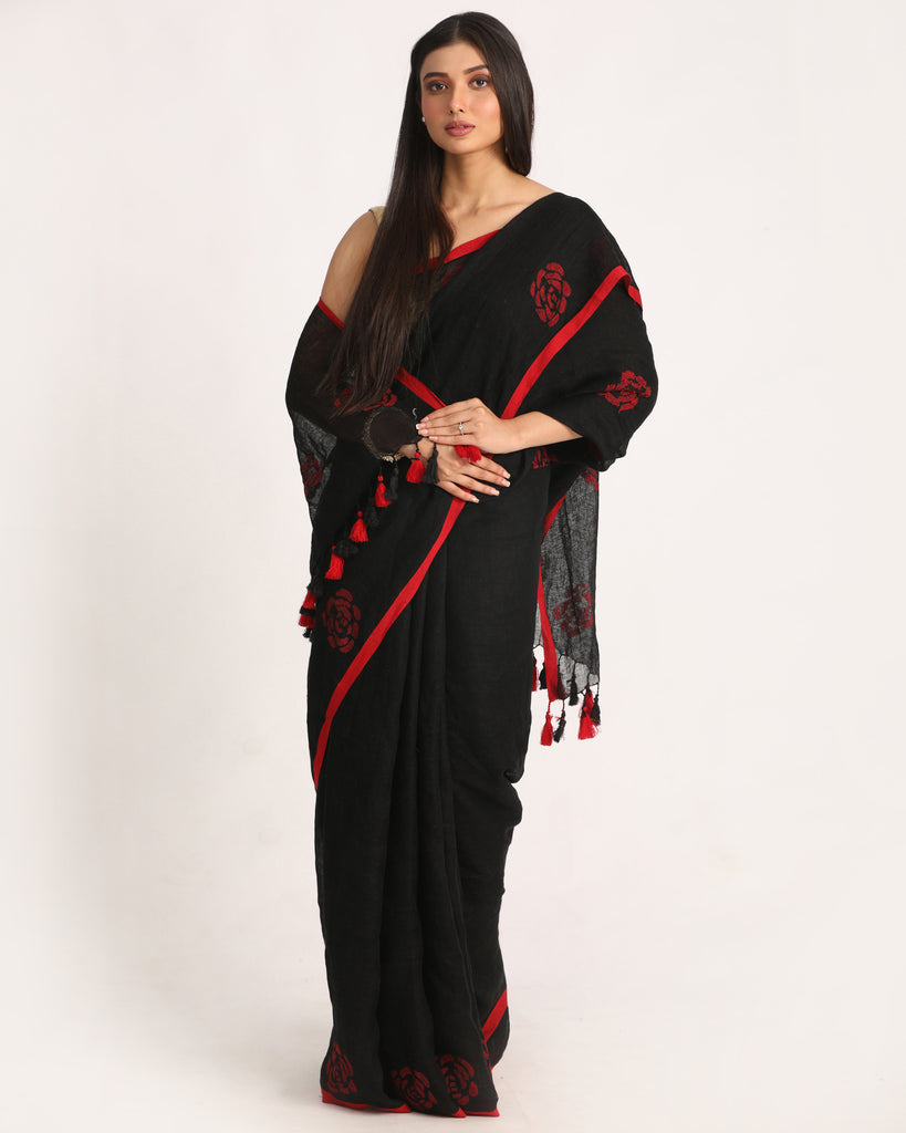 Women's Black Traditional Handloom Linen Jamdani Saree