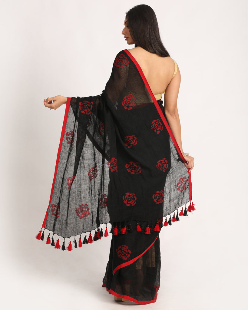 Women's Black Traditional Handloom Linen Jamdani Saree