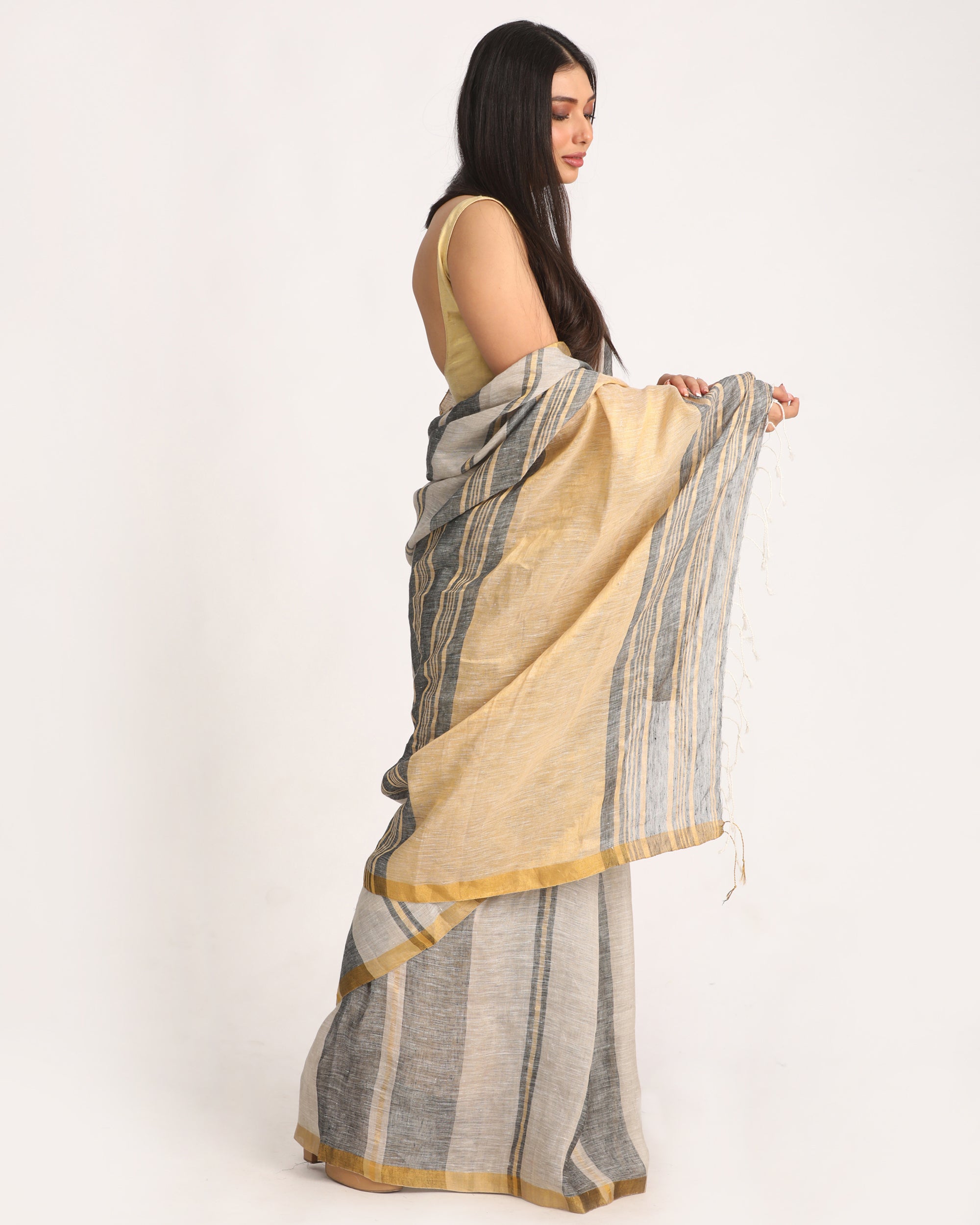 Women's Beige Black Silver Traditional Handloom Check Linen Saree - Angoshobha