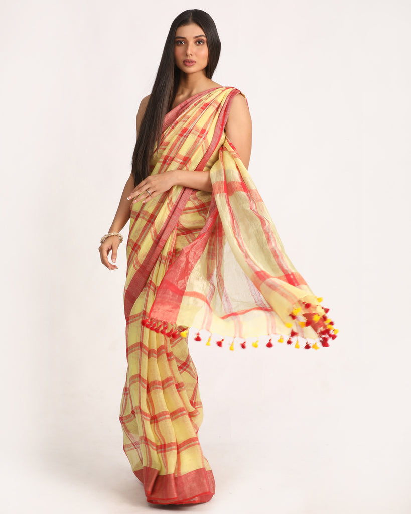 Women's Lemon Maroon Handloom Check Linen Saree