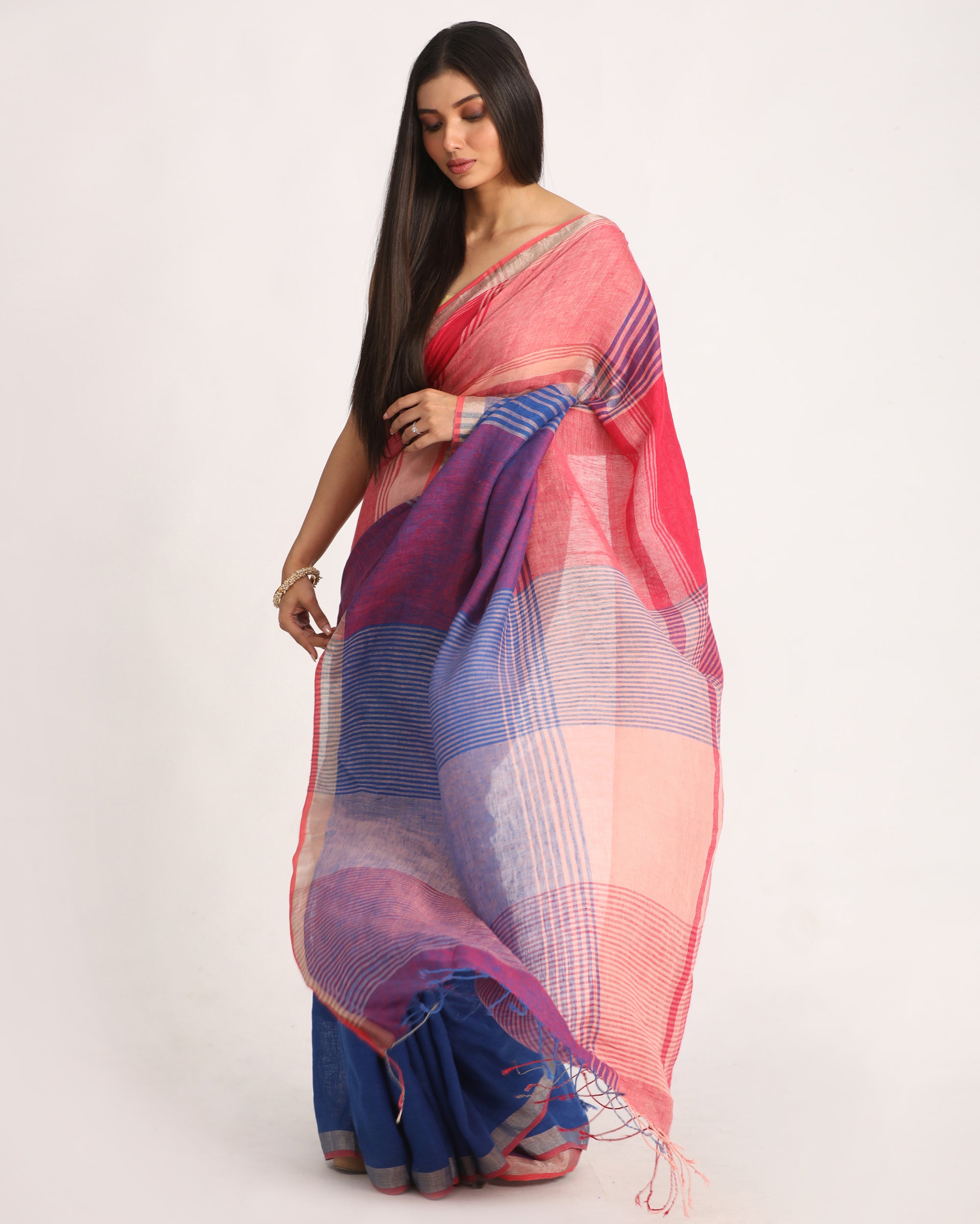 Women's Multicolour Traditional Handloom Check Linen Saree - Angoshobha