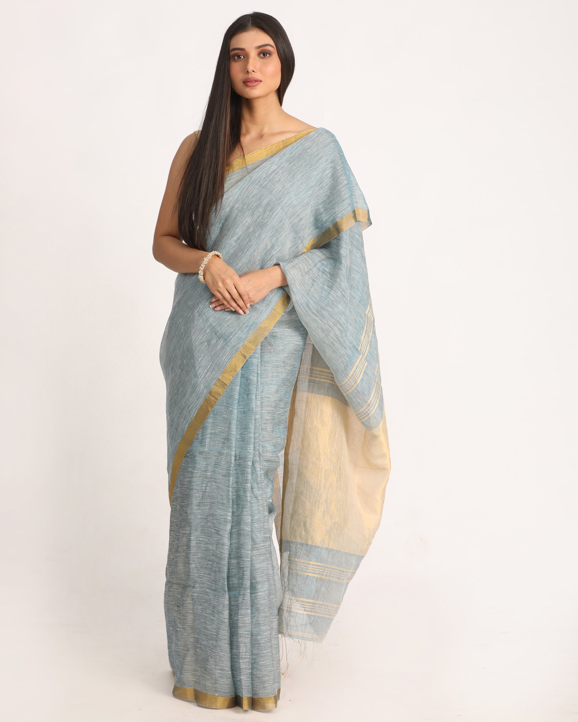 Women's Silver Blue Traditional Handloom Tissue Linen Saree - Angoshobha