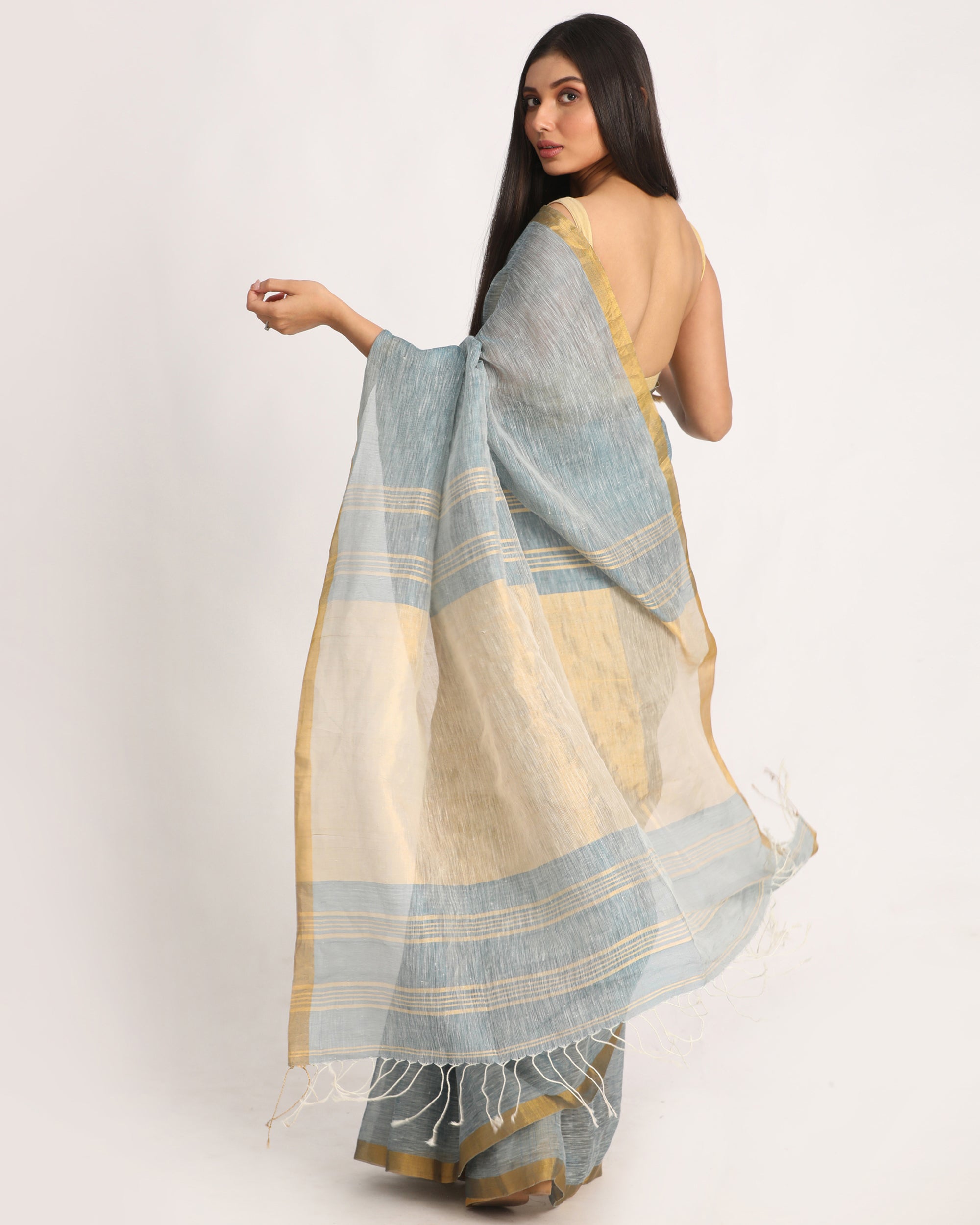 Women's Silver Blue Traditional Handloom Tissue Linen Saree - Angoshobha